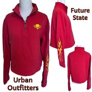 Urban Outfitters Future State Skull Flame Sweatshirt Women Medium 1/4 Zip Fleece
